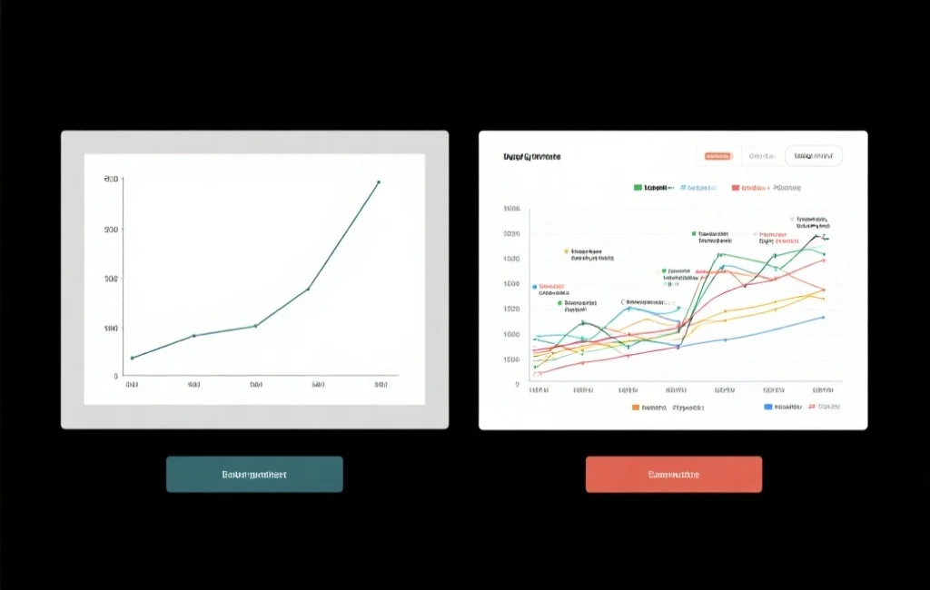 对比两个数据走势图表，一个为简单折线图，另一个为包含多条数据线和注释的复杂图表，突出两者对比